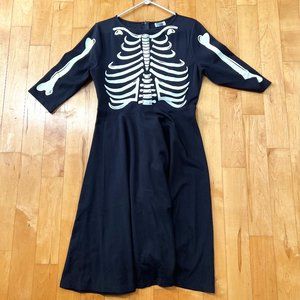 Unique Vintage 1950s Black Skeleton Bones Graves Swing Dress